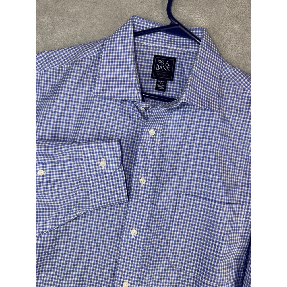 Jos A Bank Traveler Dress Shirt Mens 17X35 Tailored Fit Blue Gingham Cotton